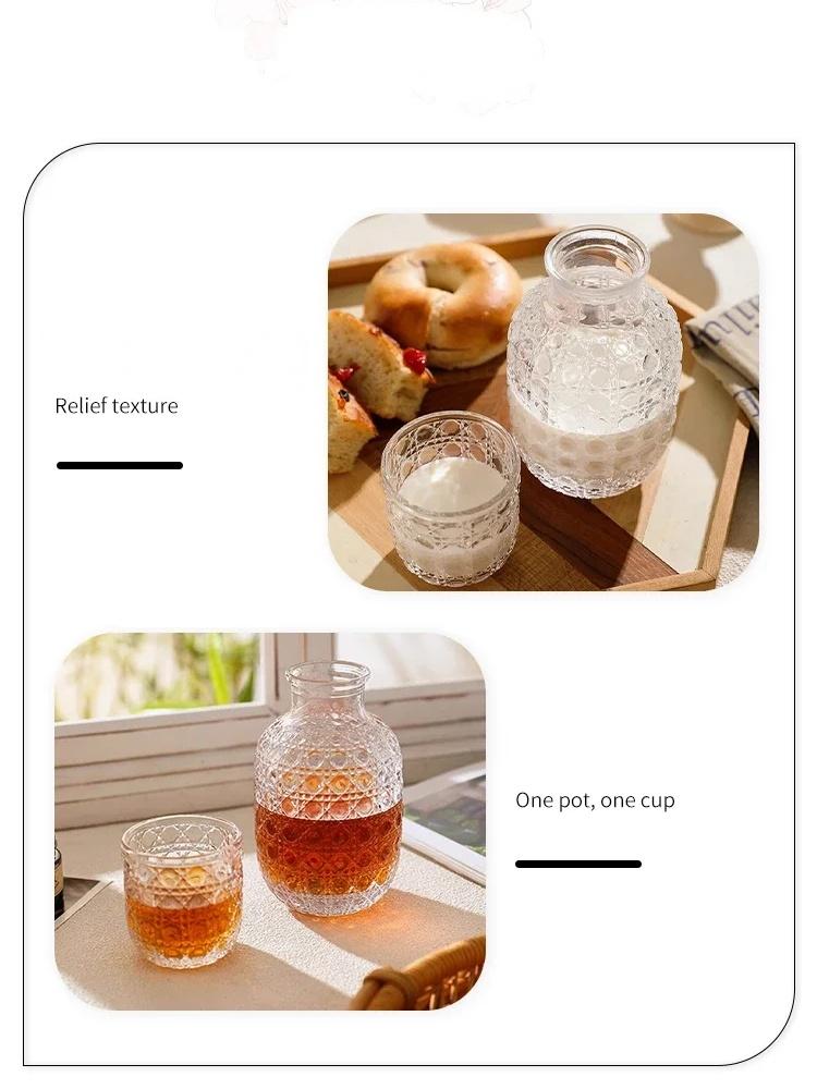 Прикроватный графин и стакан для воды, набор из винтажного стекла, кувшин для воды с чашкой, набор для спальни с ретро-рельефными узорами
