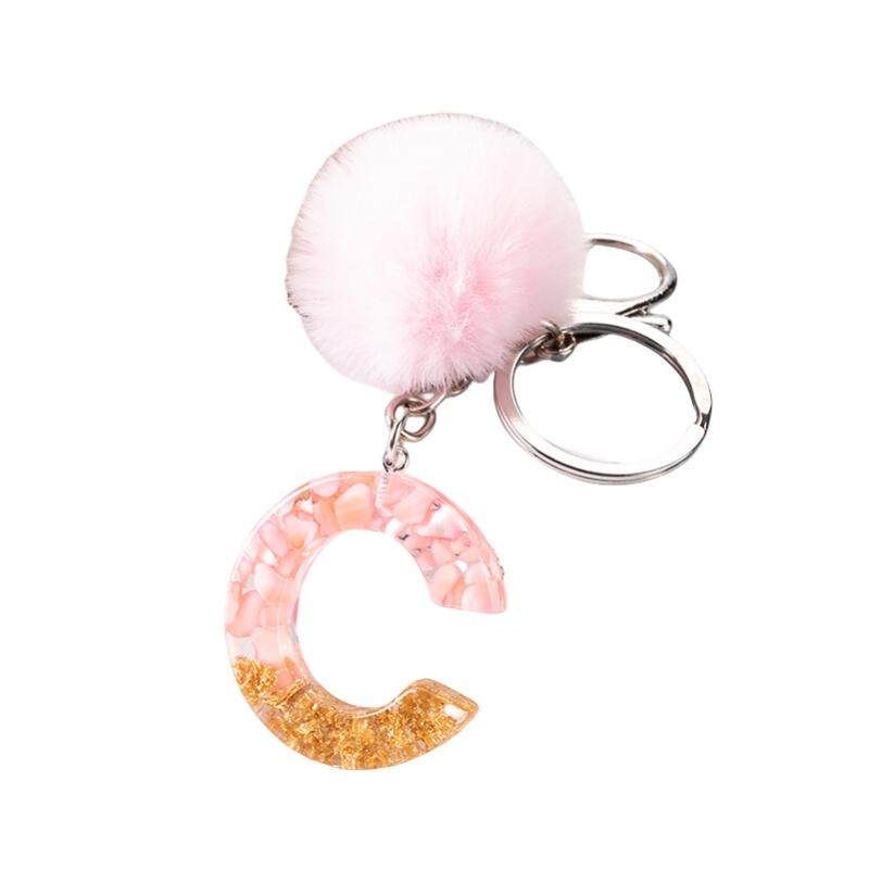 Stylish Keychain With Fluffy Ball And Gold Foil Letters Car Bag Pendant