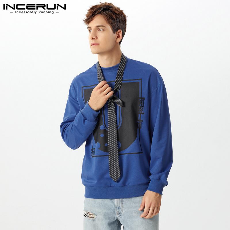 INCERUN Oversized Men O Neck Long Sleeve Letter Print Loose Casual Tops