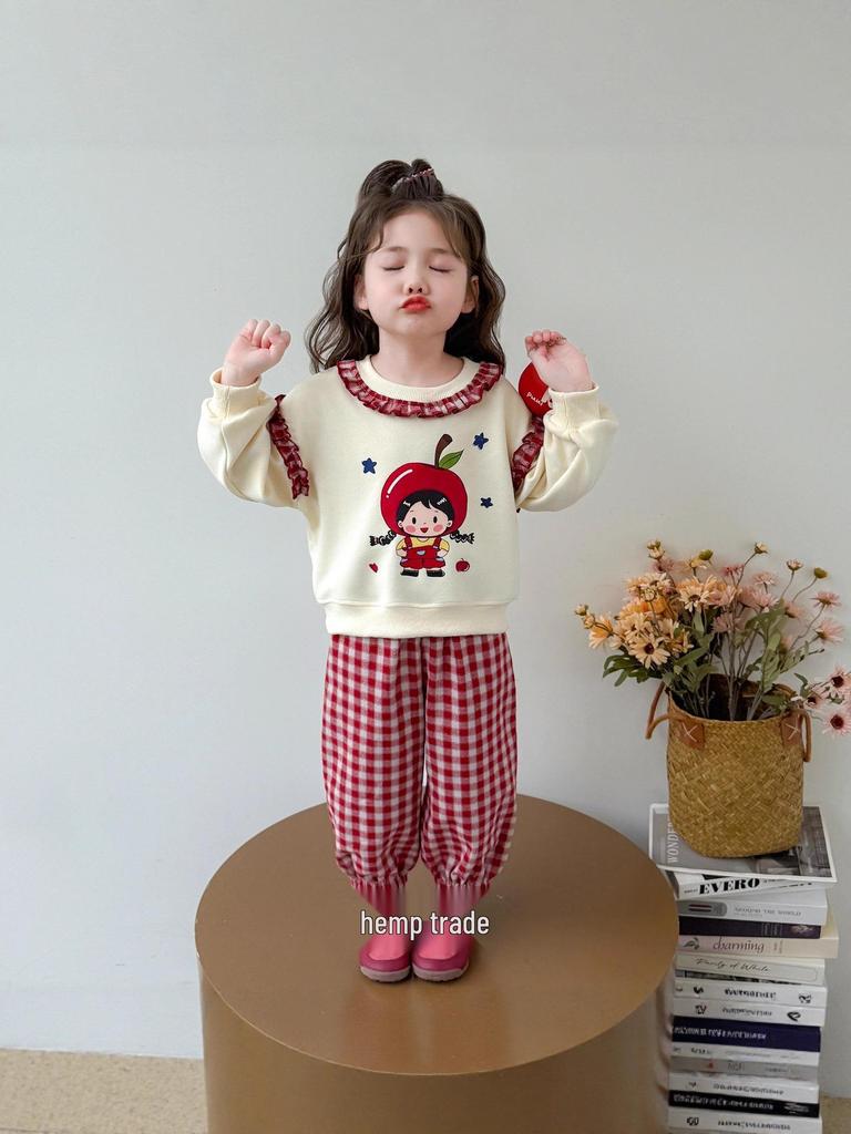 Комплект клетчатых брюк для девочек - Коллекция весна/осень 2025 - Модный наряд с дизайном яблока