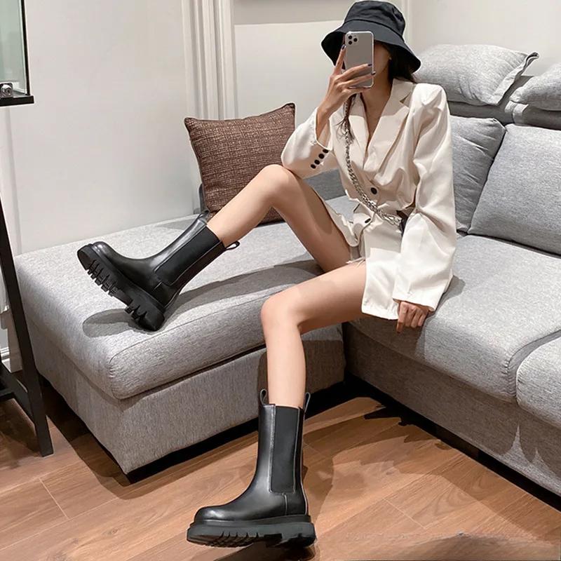 Модные классические ботильоны, кожаные ботинки с увеличенным голенищем, женские, осенне-зимние, бархатные, на толстой подошве, короткие мотоциклетные ботинки «челси»