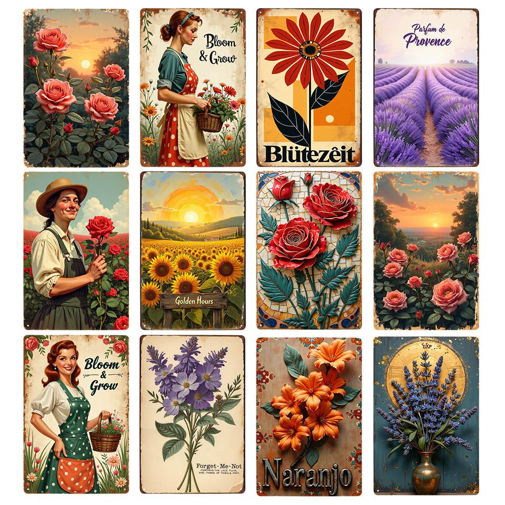 Retro Floral Metal Tin Signs Home Decor Wall Art Garden Farmhouse Country Kitchen Bathroom Living Room