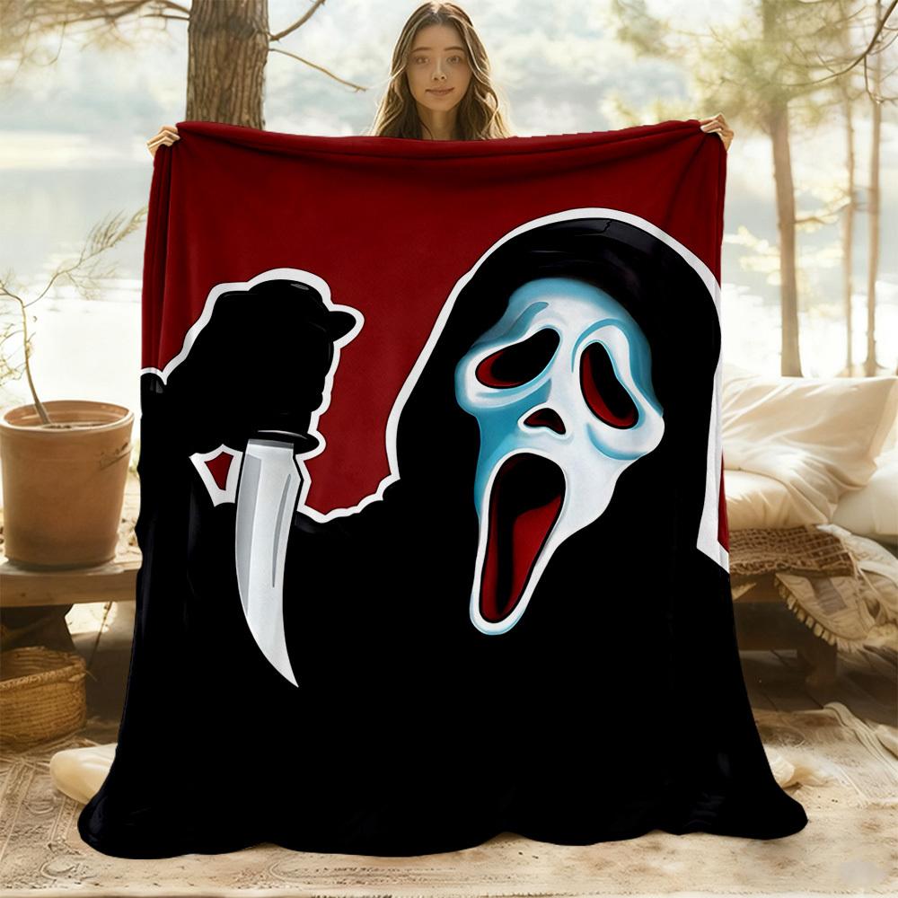 1 шт. Плед с принтом Ghostface Scream для улицы, фланелевый - HD-печать, легкий, мягкий, теплый, всесезонный, для дивана, кровати, путешествий, кемпинга 034