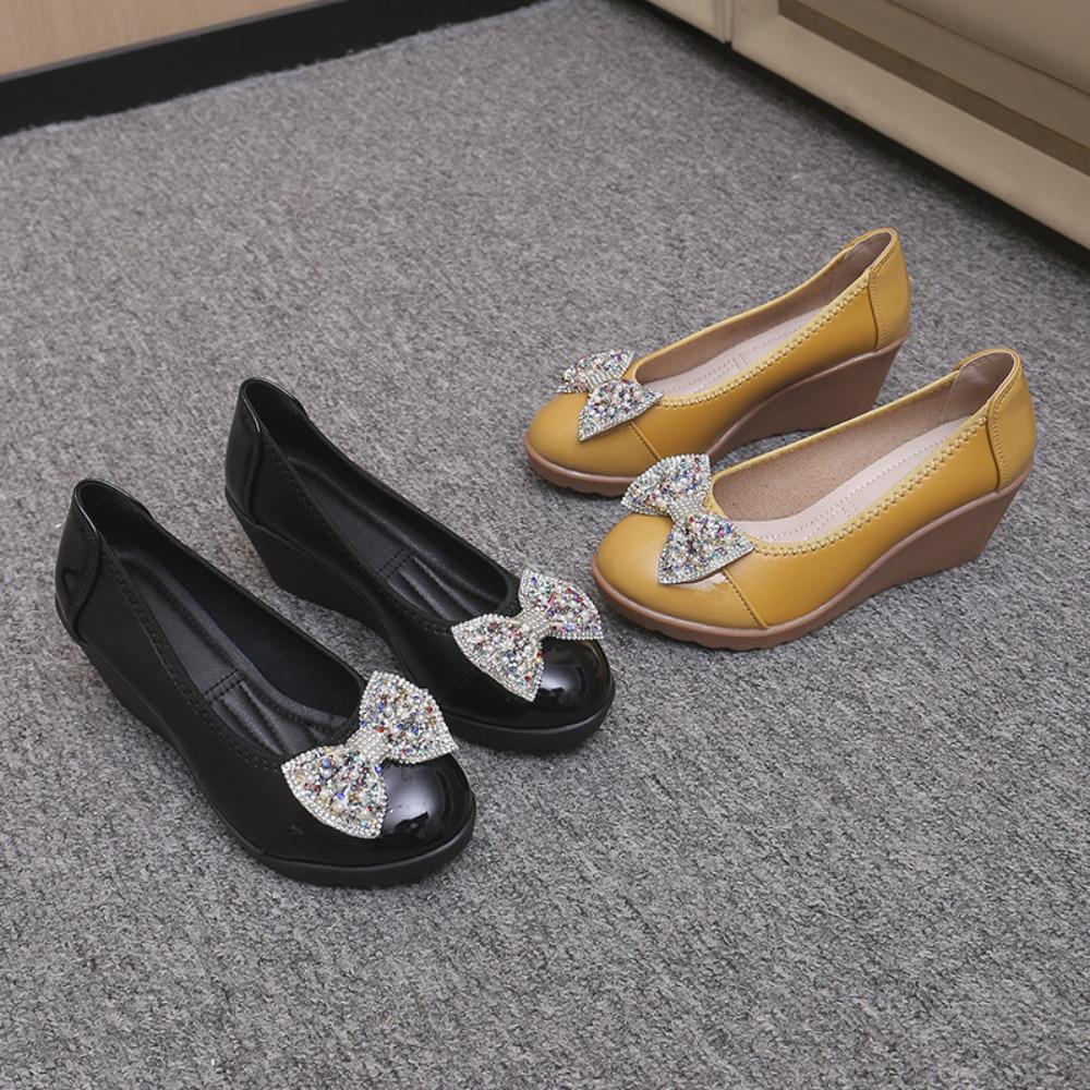 Весна и осень Новые женские туфли-одиночки, туфли с неглубоким бантом, рабочие туфли со стразами, туфли на танкетке для мам