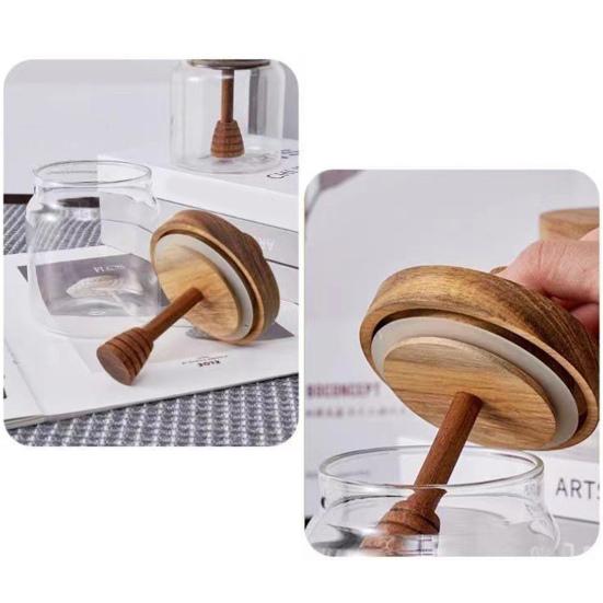 Glass Honey Jar 400ml Transparent Sealed Tank with Wooden Lid Dip Sticks Airtight Canister Syrup Dispenser for Home Kitchen Bar