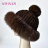 SOMALER Natural Mink Fur Hats for Women Winter Fox Fur Caps with Pompom Fashion Style Beanie for Ladies