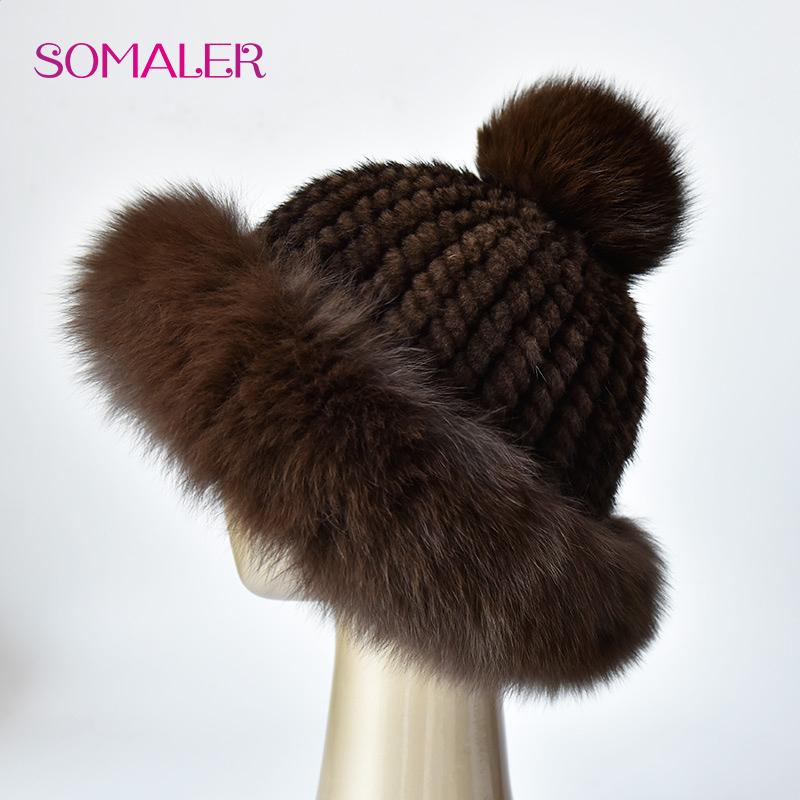SOMALER Natural Mink Fur Hats for Women Winter Fox Fur Caps with Pompom Fashion Style Beanie for Ladies
