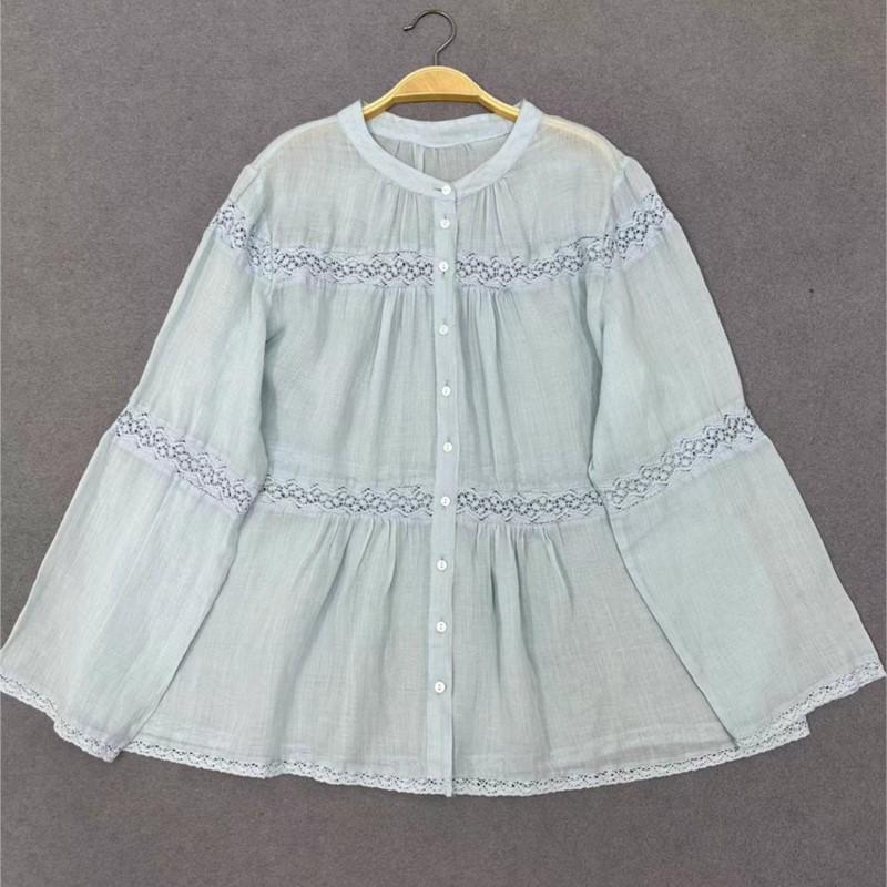 Johnature Японские тонкие кружевные рубашки с длинными рукавами, осенние повседневные простые свободные повседневные топы для женщин