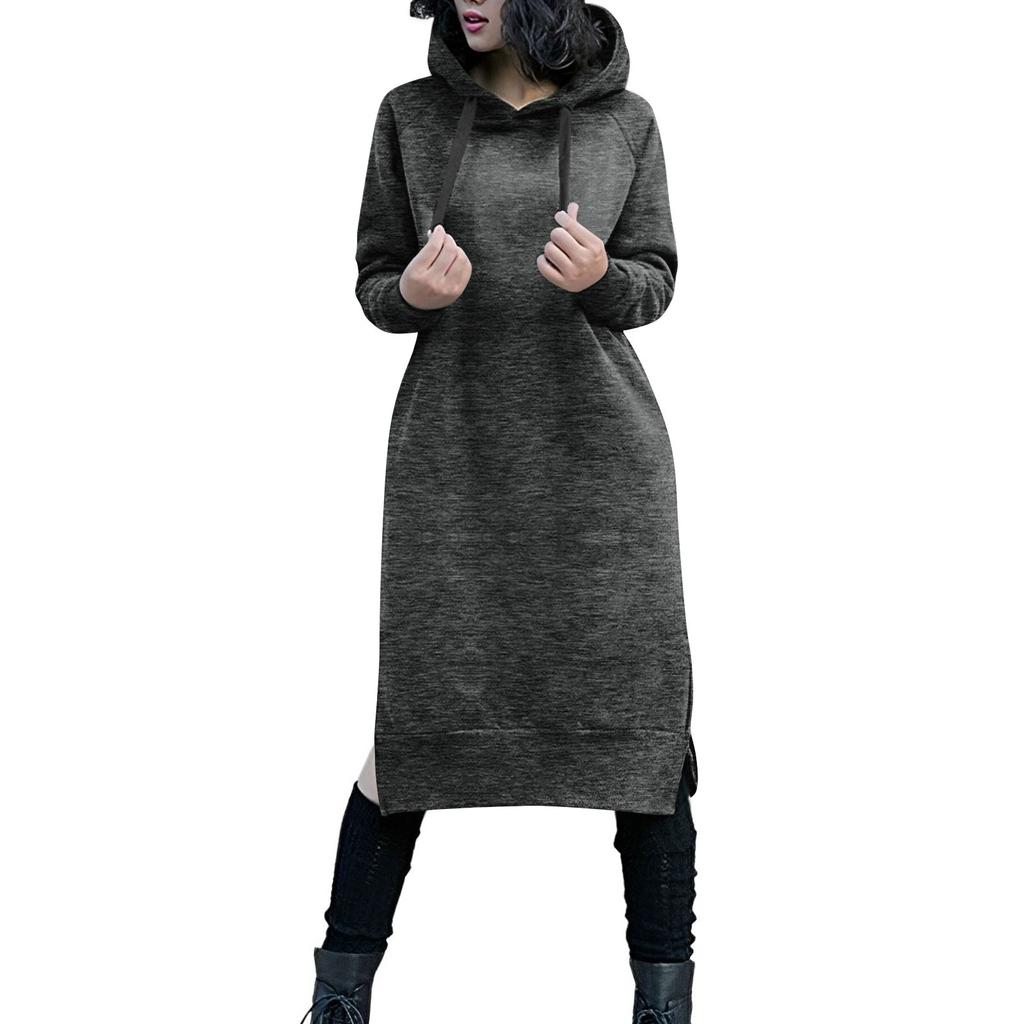 Cute Hooded Dress For Teen Girls Solid Color Drawstring Pocket Long Sleeve Fall Plus Size Sweatshirt Dress