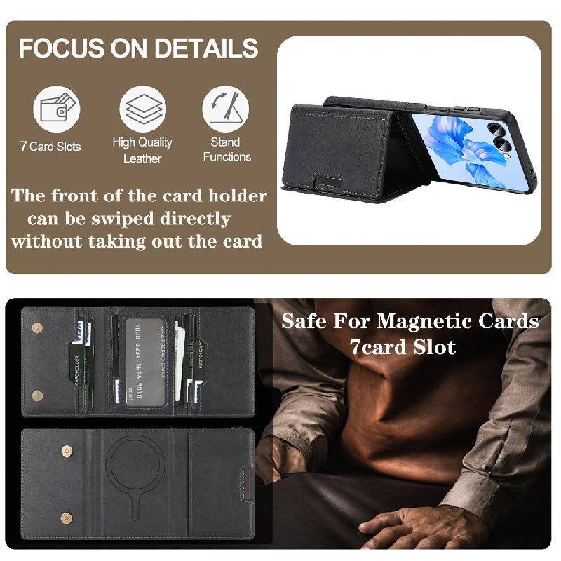Samsung Z Flip7 Wireless Charging Phone Case with Magnetic Tri-fold Card Holder, Leather Sticker, Velvet Inner, 6-Level Protection.
