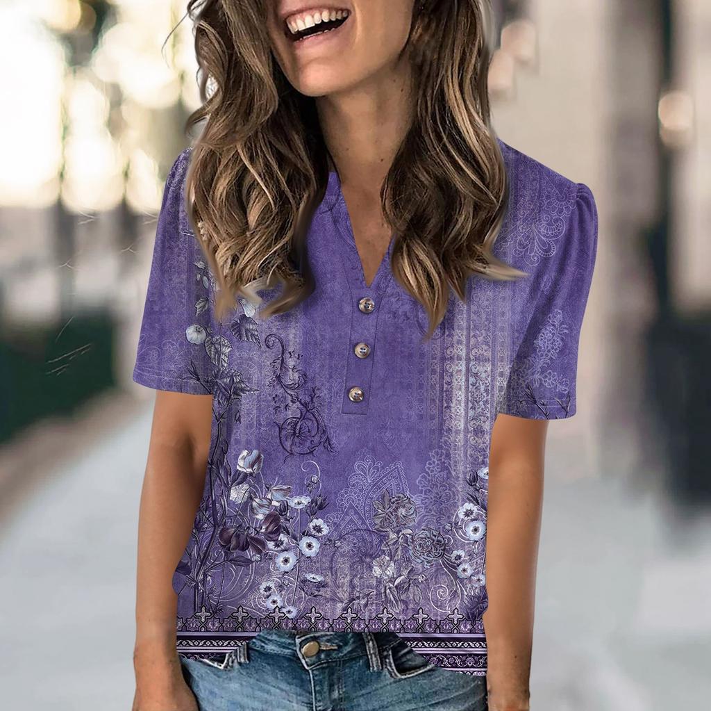 Women's Fashion Casual Flower Print V-neck Short Sleeve Button Up T-shirt Top