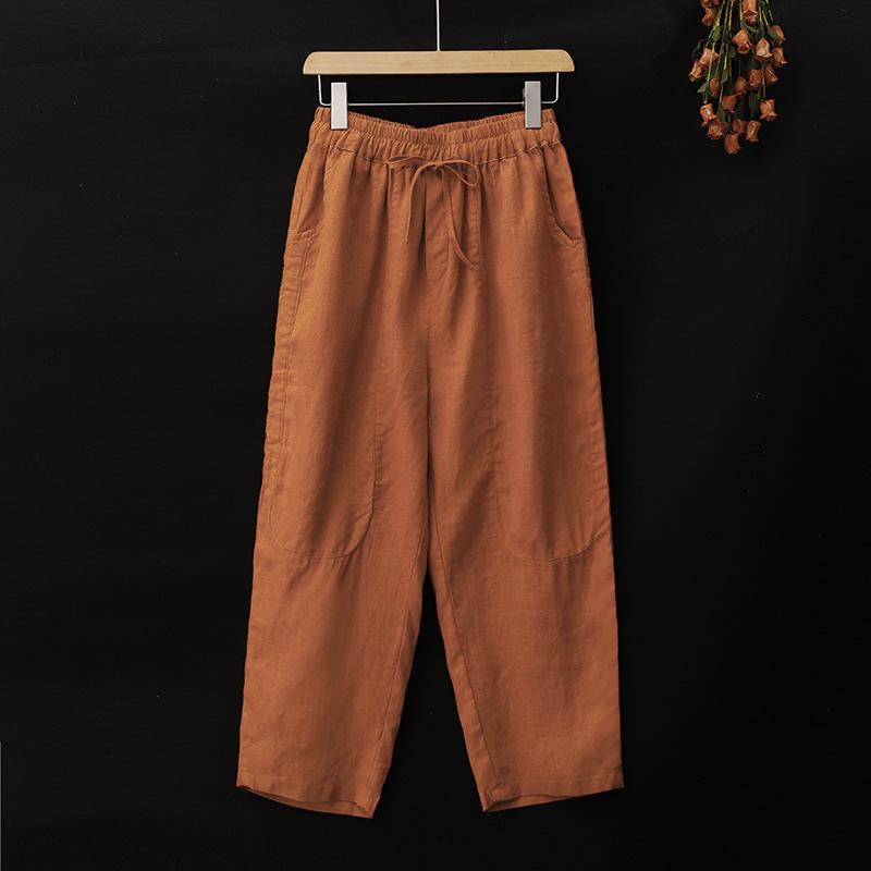 Женский летний костюм из хлопка и льна с коротким рукавом, корейская версия, напечатанный ретро-топ + брюки, женский костюм-двойка