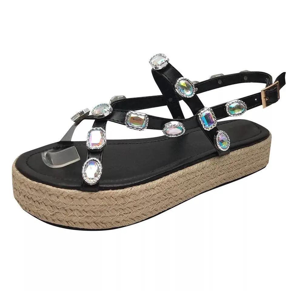 Fashion Platform Sandals Handmade Rhinestones Summer Open Toe Sandals Women Comfortable Plus Size 35-43 Sandalia Feminina
