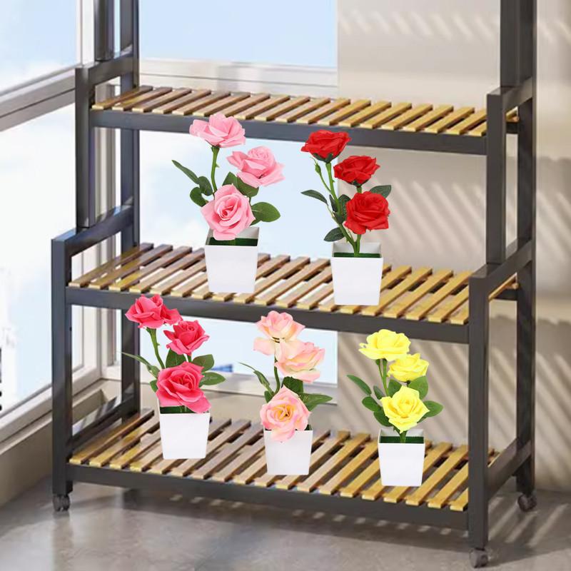 3 Head Artificial Rose Flower Bonsai Fake Plants Plastic Potted Plant Home Desktop Artificial Decor Living Room Ornament