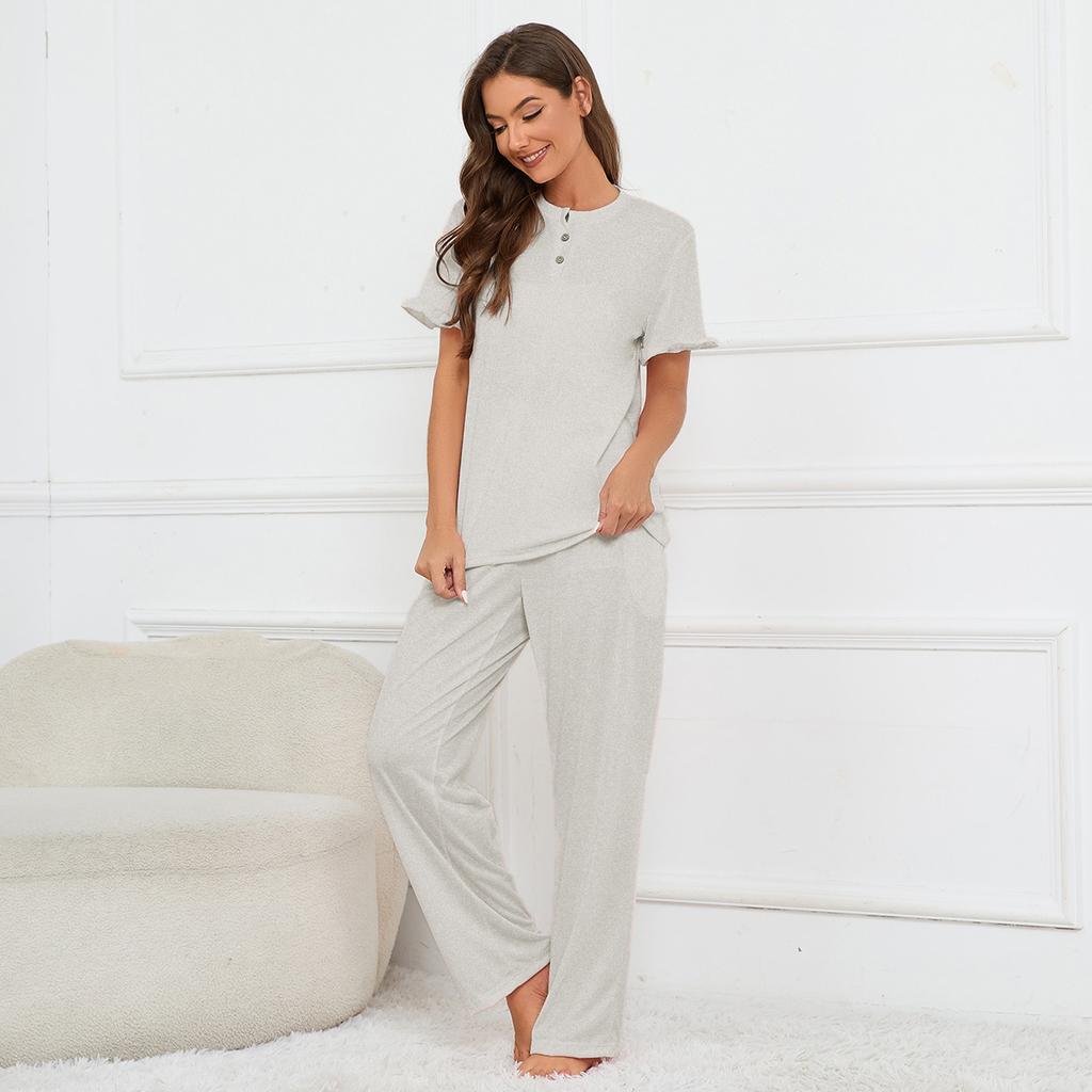 Plus Size Women's New Solid Color V Neck Top Tied Trousers Pajamas Home Suit