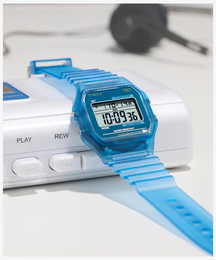 TIMEX T80 Полупрозрачные кварцевые часы TW2Y34100 TW2Y34200 TW2Y36400 Цифровые часы-скелетон 30м Водонепроницаемые Отображение даты Хронограф Будильник (синий)