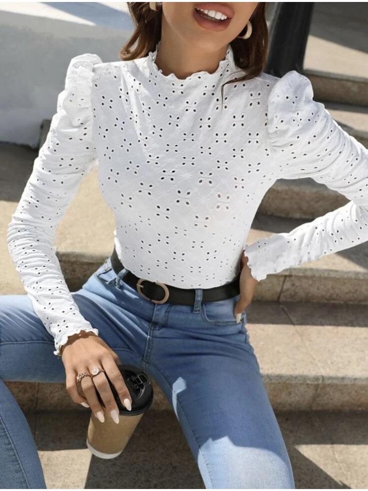 Europe and the United States Fashion Comfortable Slim Women's Eyelet Embroidery Bottoming Slim Half Turtleneck Long Sleeve T Shi