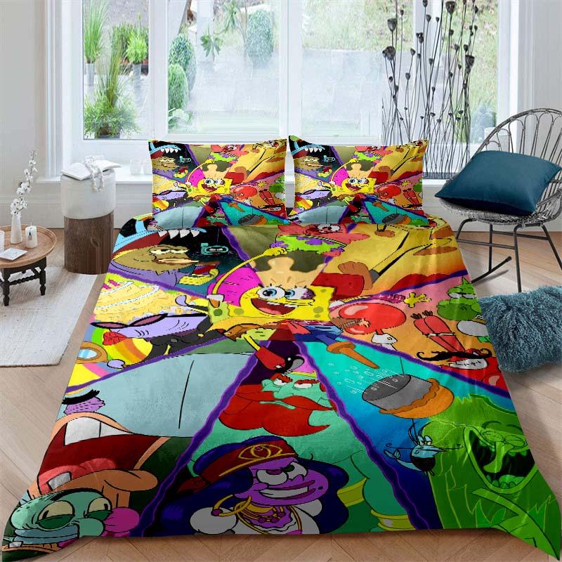 A variety of SpongeBob SquarePants patterned bedding sets, soft duvet covers and pillowcases, suitable for teenagers, children a
