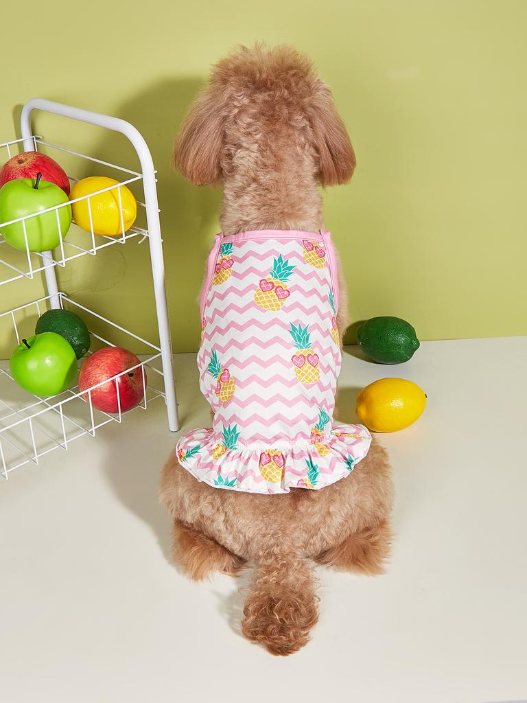 Pet Dress with Pineapple Print & Pink Zigzag Pattern, Ruffled Doggie Outfit, Cute Puppy Clothes, Fashion Small Dog Apparel