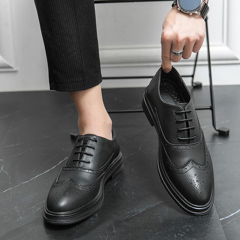 Leather shoes men's new autumn and winter British Brock carved retro business dress gray casual shoes