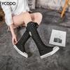Spring Autumn Women Boots Canvas Mid Calf Boots Casual High Top Shoes Long Boots Lace Up Zipper Comfortable Flat Boots Size 34-43