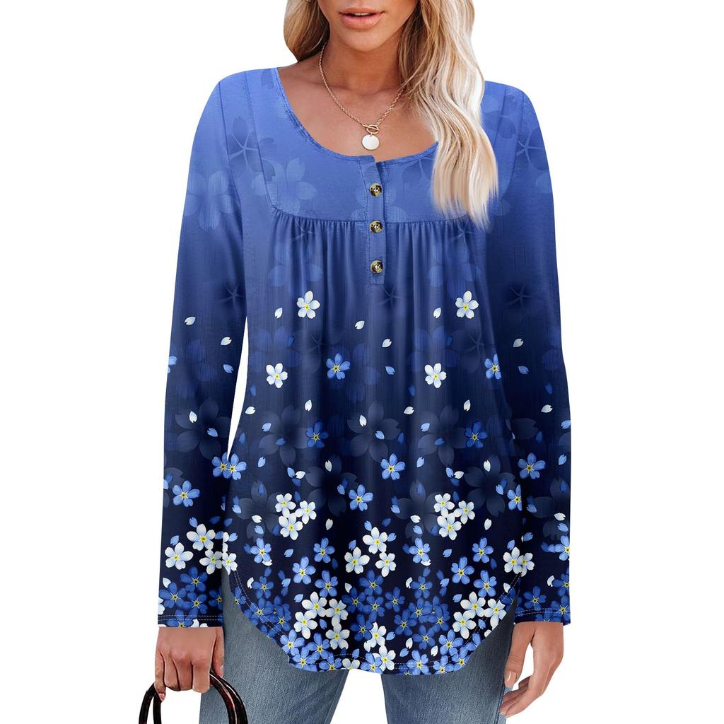 Женская туника с длинным рукавом, свободные топы, повседневные топы оверсайз, плиссированная туника, застегивающаяся на пуговицы, повседневные женские топы с принтом