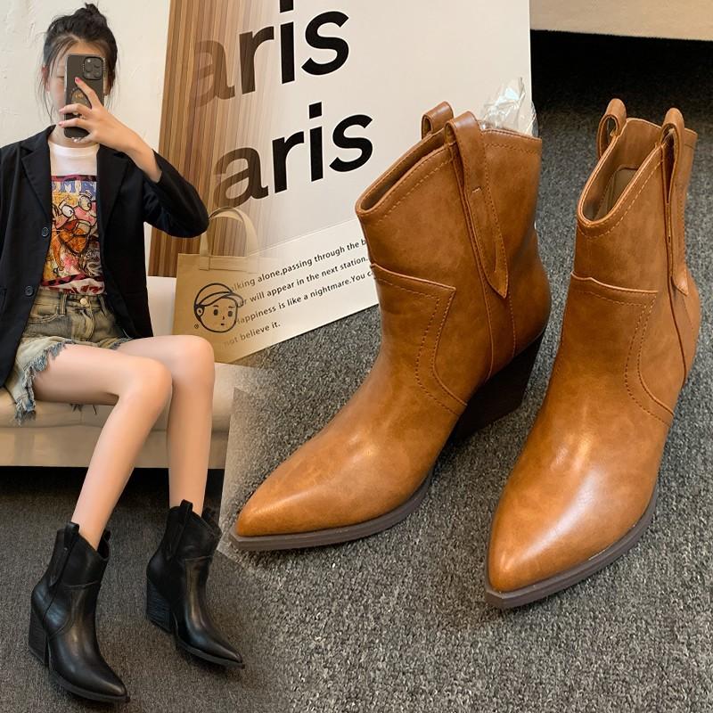 Французские короткие женские ботинки, британские ботинки Мартин 2024 осень-зима, новые ботильоны, толстый каблук, высокий каблук, острый носок, низкие ковбойские ботинки