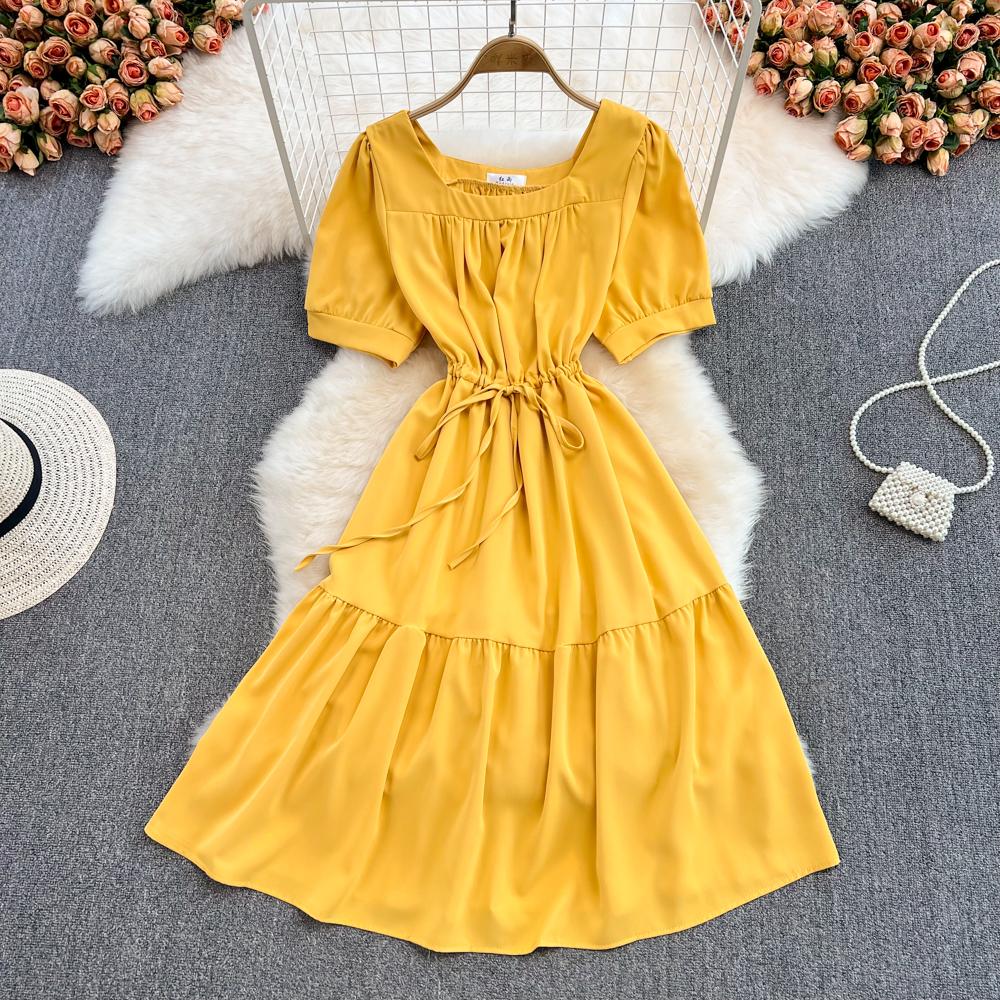 RUGOD 2022 летнее корейское платье с квадратным вырезом на талии, тонкое платье с пышными рукавами и колокольчиком, маленькое платье с галстуком