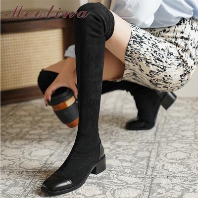 FOREADA Женские ботфорты с квадратным носком, на толстом среднем каблуке, длинные сапоги, лаконичная женская модная обувь, осень-зима, коричневые, черные, 43