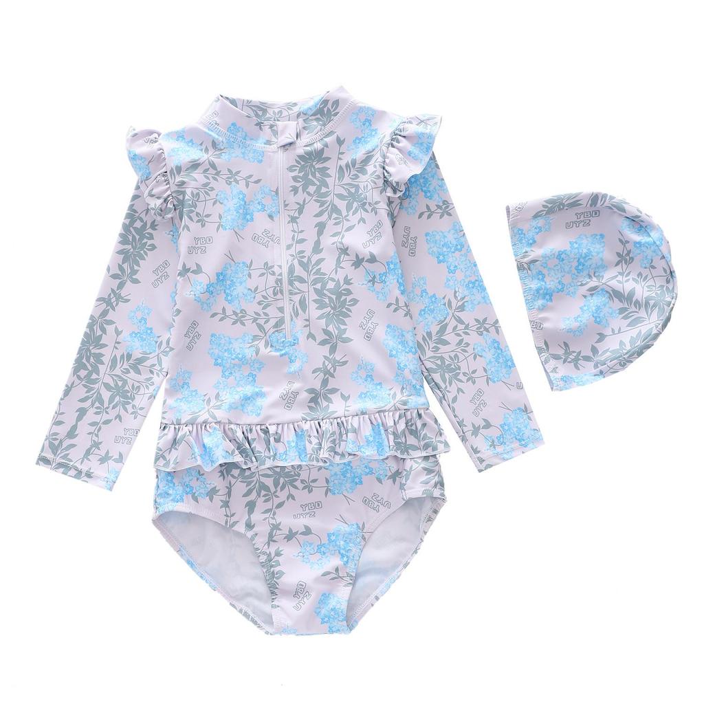 One-piece Kids Swimming Suit Long Sleeve Hat+Romper Matching Baby Girls Swimwear Seaside Clothes Casual Children Bathing Suits