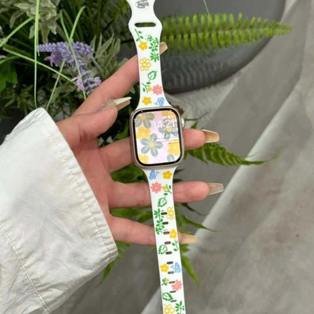 Силиконовый ремешок с гравировкой и цветочным узором для Apple Watch Ultra 49 мм 46 мм 45 мм 40 мм 41 мм, тонкий ремешок-браслет IWatch Series 10 9 8 7 6 5 4 SE