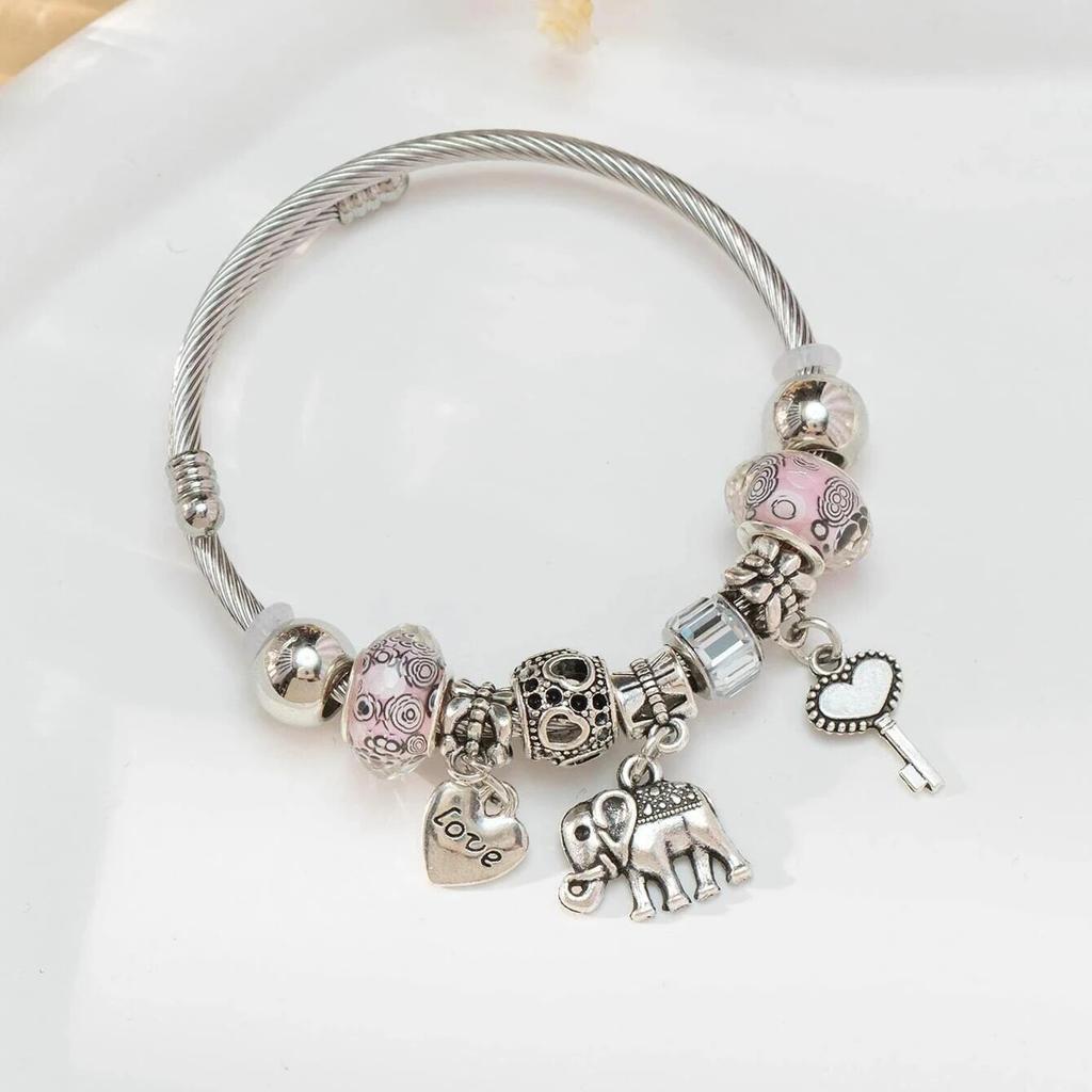 Браслет-шарм с замком-ключом Обега, подвеской в виде короны, розовыми стеклянными бусинами, подвесками в виде слона, медведя, руки Фатимы и часов, женские украшения, подарок любви