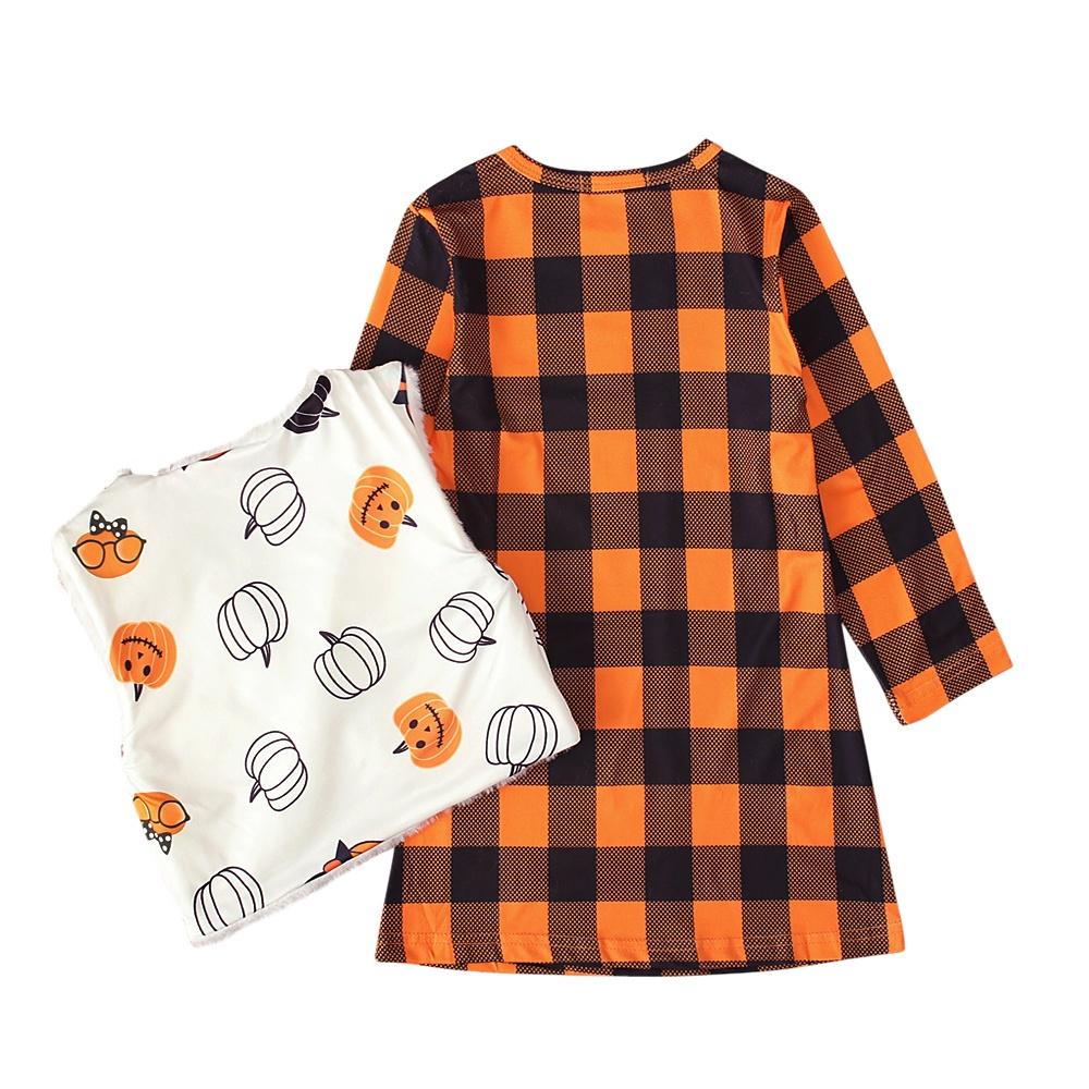 Костюм тыквы на Хэллоуин, детское клетчатое платье и жилет с длинными рукавами для девочек, комплект из 2 предметов, одежда для детей 1-7 лет