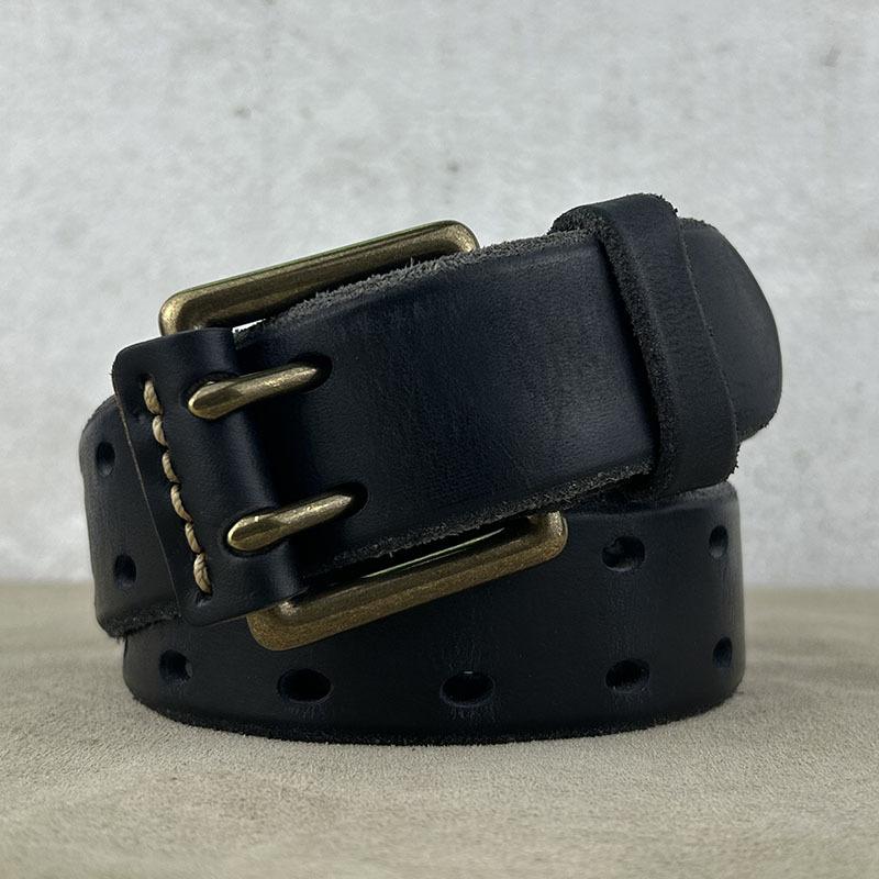 Мужской ремень из натуральной кожи с двойной медной пряжкой, ретро, первый слой, из натуральной коровьей кожи, американский полый ремень