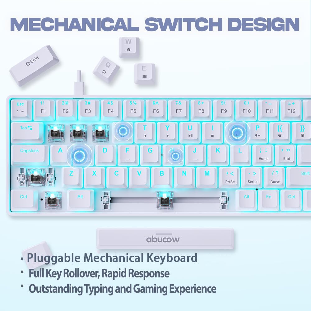 Abucow 60% Mechanical Gaming Keyboard, Black Switches, Wired Compact Keyboard with Blue LED Backlight, Replaceable White Keycaps, Compatible with