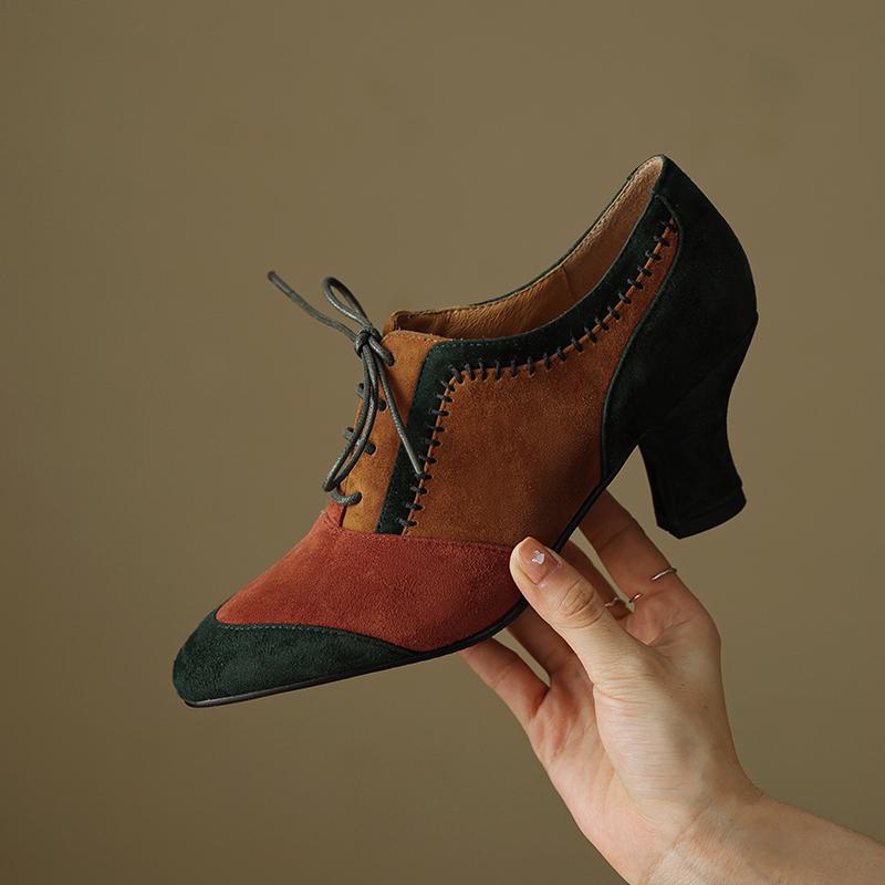 Мода 2025 Новые весна-осень Ретро Туфли для зрелых женщин Офисные туфли на высоком каблуке На шнуровке Натуральная кожа Замшевая обувь Женская Высокое качество