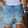 Summer Women Shorts Ripped High Waisy Zipper Button Closure Multi Pockets Folded Hem Streetwear Solid Color Slim Fit Denim Shorts
