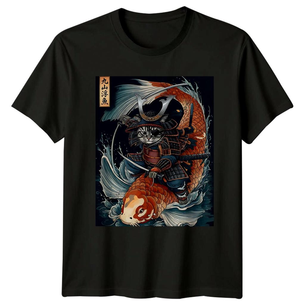 Samurai Cat T-Shirt Vintage Japanese Koi Warrior Illustration Cat Lover Gift