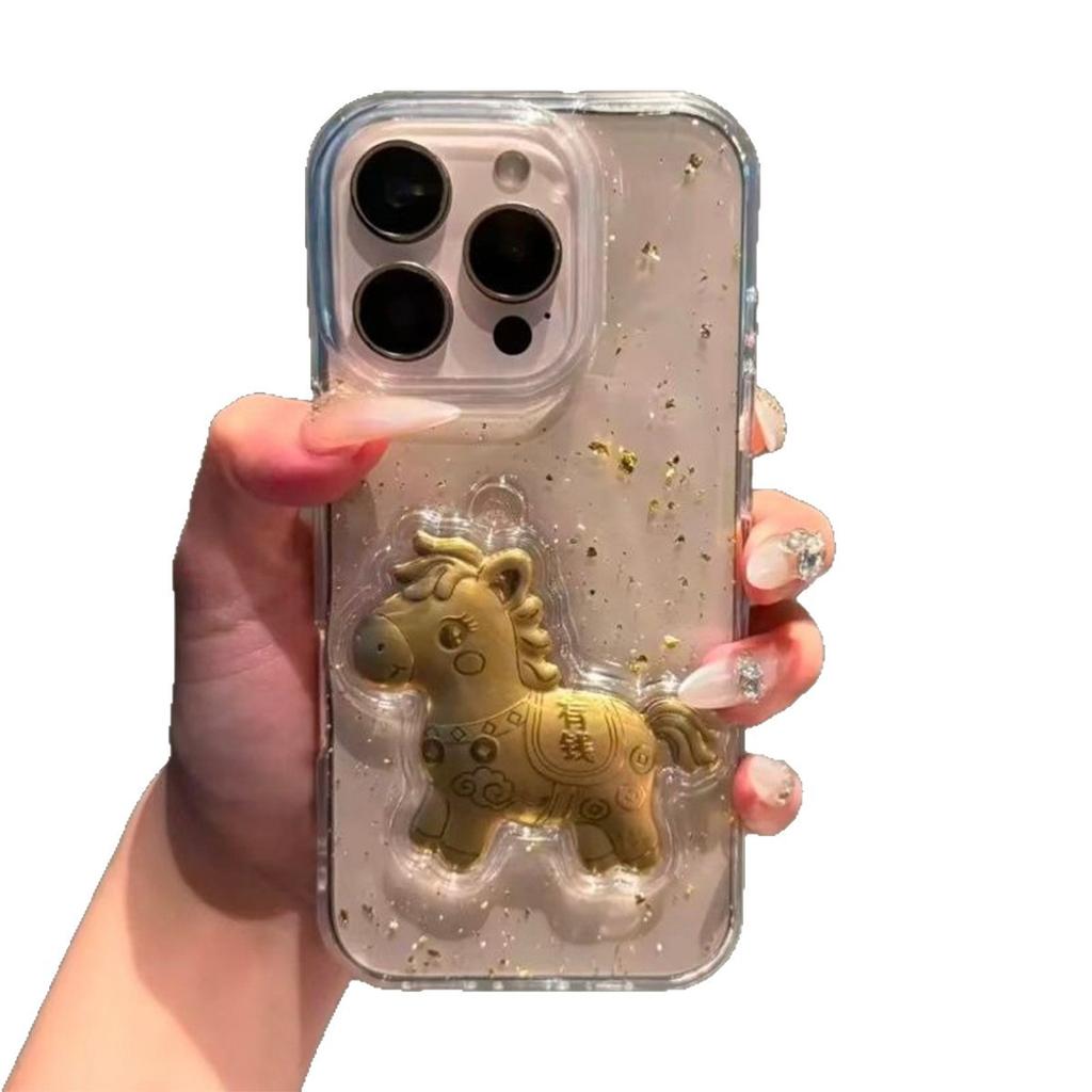 3D Чехол для телефона с капельным клеем Мультяшная лошадь для Apple 17PROMAX Подушка безопасности Противоударный Ощущение кожи Трендовый Женский Большое отверстие Противоударный