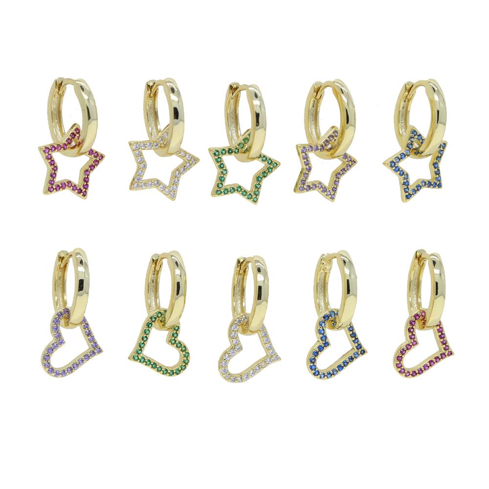 Promotion Trendy Cz Heart Star Hexagon Triangle Colorful Zircon Pendant Women Jewelry Small Hoop Earring