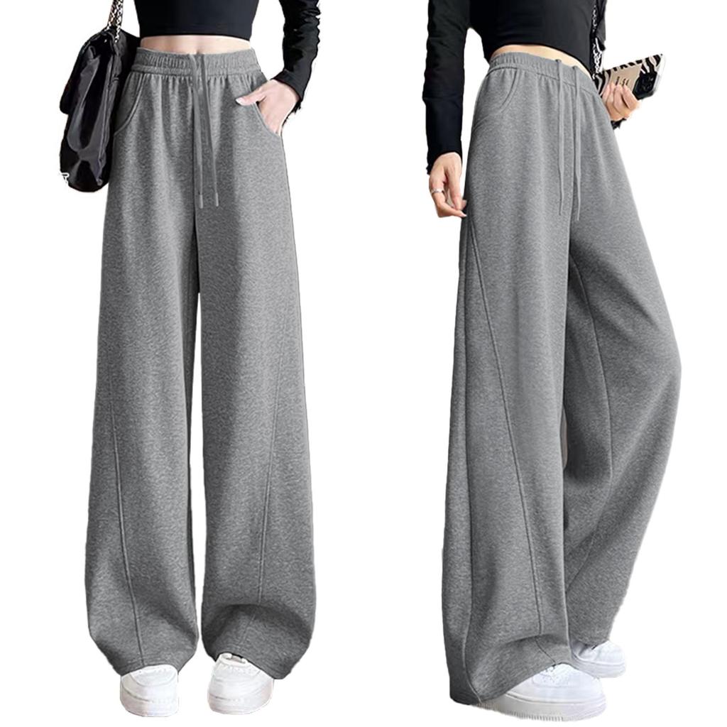 2025 Women's Gray High-Waist Curved Wide-Leg Sweatpants - Autumn/Winter Casual Loose Fit