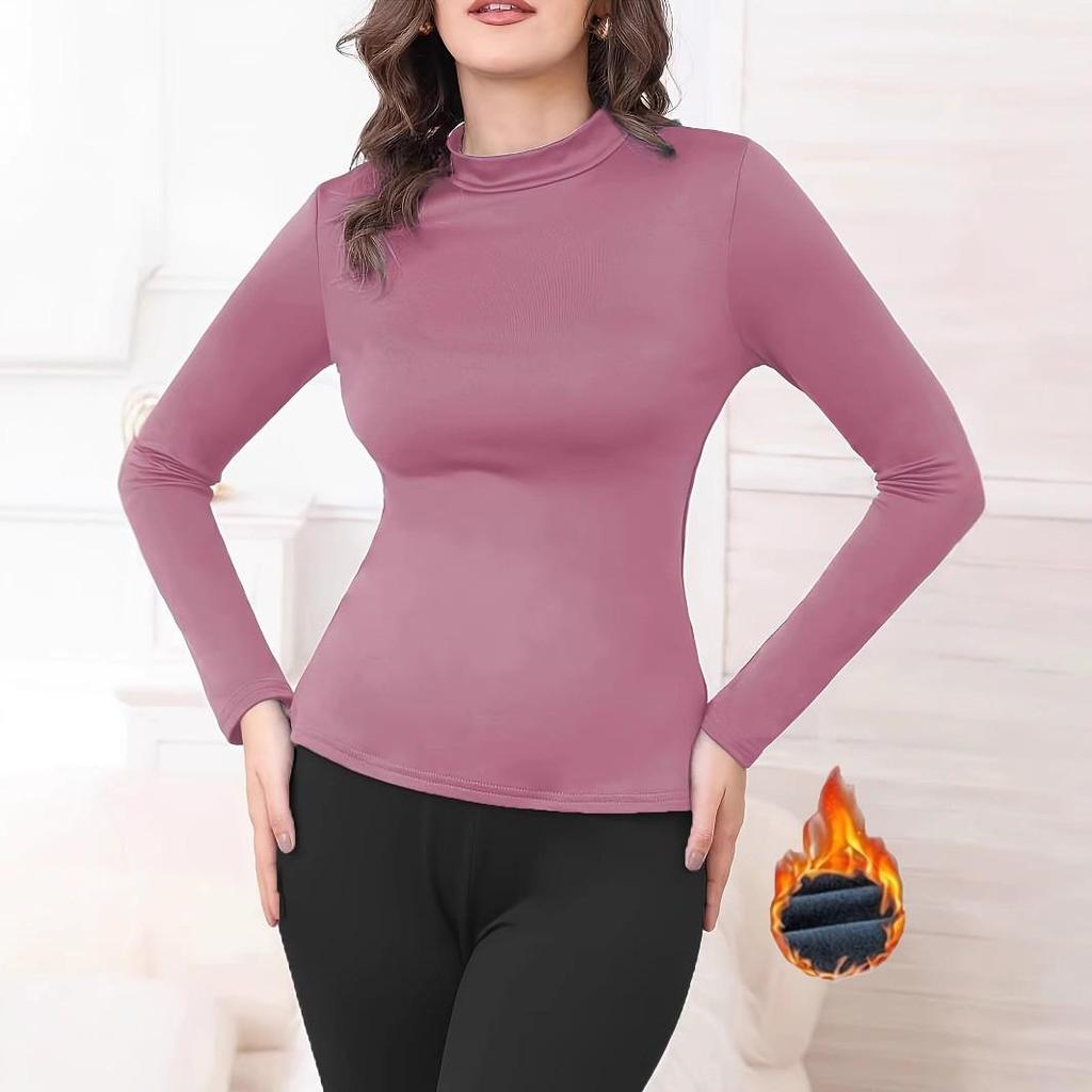 Женский базовый слой с флисовой подкладкой и круглым вырезом, облегающего кроя - Однотонный, с длинным рукавом, уютное осенне-зимнее нижнее белье