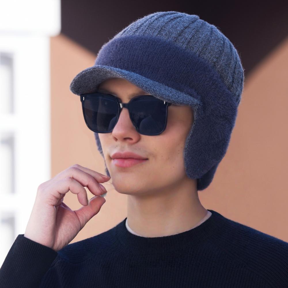 New Plush Fur Lined Winter Hat With Earflap Fashion Faux Fur Beanie Hats Men Outdoor Keep Warm Cap Hat Father Warm Gift