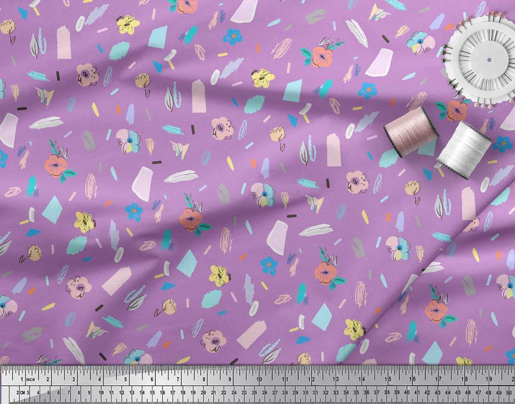 Soimoi Green Japan Crepe Satin Fabric Brush Stroke & Artistic Floral Print Fabric by the Metre 42 Inch