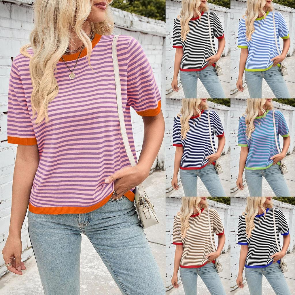 Женская мода весна-лето повседневный полосатый подходящие цвета круглый вырез трикотажный короткий рукав джемпер топ