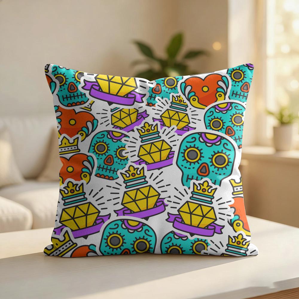 Day Of The Dead Pattern Cushion Cover Silky Short Plush Invisible Zipper Dustproof Sofa Pillow Case For Home Decor