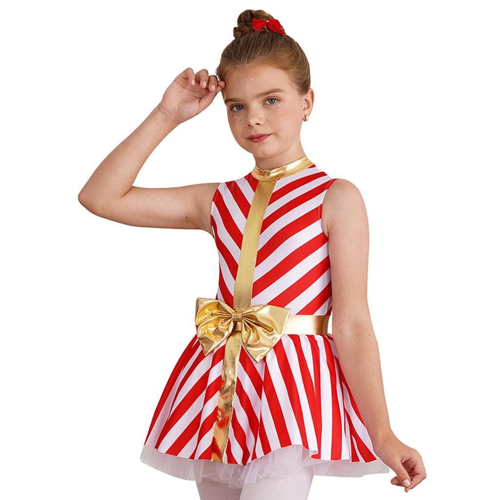 Детский рождественский костюм Санта-Клауса для девочек, платье-пачка без рукавов в полоску с принтом, платье-пачка, танцевальная одежда