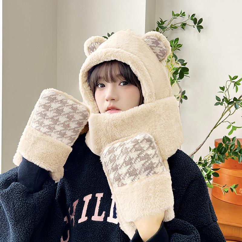 Women's Cozy Fox Ear Plush Hat with Integrated Scarf - Warm, Soft Lei Feng Design for Autumn and Winter. Perfect Ear Protection for Students.