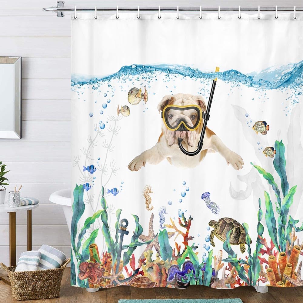 Funny Animal Shower Curtain, Cute Raccoons Ride Shark Ocean Waves Shower Curtain with Hooks, Nautical Coastal Fabric Bathroom