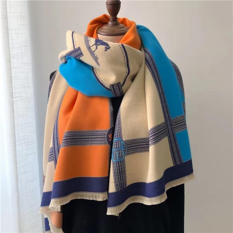 Korean Style Contrast Color Imitation Cashmere Plaid Scarf Women's New Winter Warm Fashion Chain Scarf Fleece-lined All-match Shawl